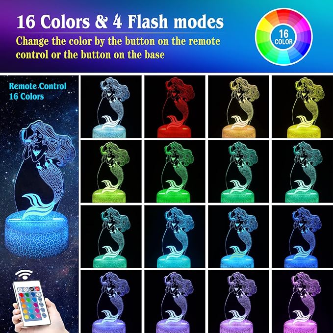 Mermaid Night Light,Gifts for Girls,3D Illusion Lamp,Kids Bedside Lamp,16 Color Change Decor Lamp with Remote & Smart Touch, Gifts for Christmas Birthday Boys Men Girls - LeafyLoom