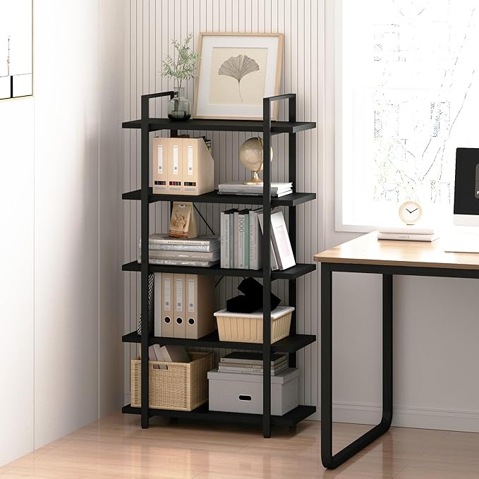 Tall Bookshelf with Large Storage,5 Tier Bookcase in Bedroom,Living Room and Office,Modern Wide Bookcase Shelf for Storing Books/Plants,Black - LeafyLoom