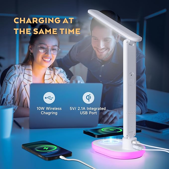 Led Desk Lamp with Charger: Office Table Lamps with USB Wireless Charging for Home Reading - Desk Lights with Clock for College - LeafyLoom