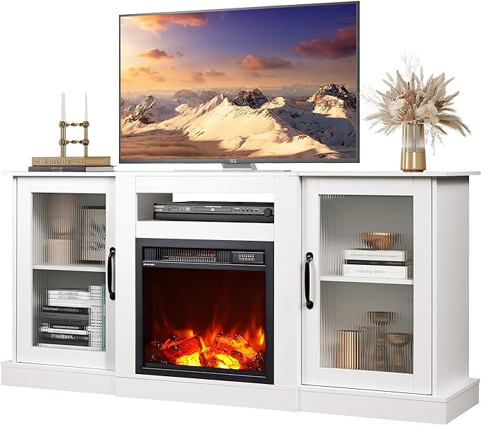 WLIVE Fireplace TV Stand for 65" TV, Entertainment Center with 18 Inch Electric Fireplace, TV Console with Open Shelves for Living Room and Bedroom, White - LeafyLoom