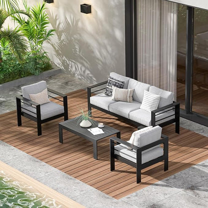 Wisteria Lane Aluminum Outdoor Patio Furniture Set, 4 Pcs Modern Outdoor Conversation Set Sectional Sofa with Upgrade Cushion and Coffee Table for Balcony,Black Frame and Grey Cushion - LeafyLoom