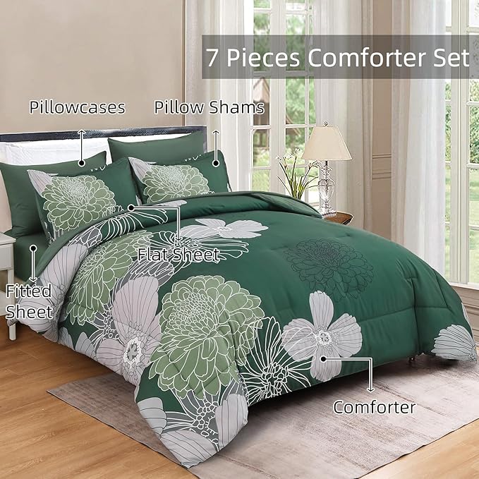 Yiran 7 Pieces Queen Floral Comforter Set,Emerald Green Bed in a Bag Flowers Comforter,Soft Microfiber Bedding Set with Comforter, Sheets, Pillowcases & Shams 90"×90" - LeafyLoom