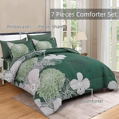 Yiran 7 Pieces Queen Floral Comforter Set,Emerald Green Bed in a Bag Flowers Comforter,Soft Microfiber Bedding Set with Comforter, Sheets, Pillowcases & Shams 90"×90" - LeafyLoom