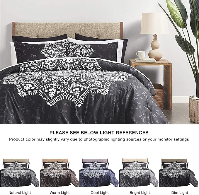 Comfort Spaces Bed in A Bag - Trendy Casual Design Cozy Comforter with Complete Sheet Set with Side Pocket, All Season Cover, Matching Shams, Full(80"x90"), Ava Medallion Black 9 Piece - LeafyLoom