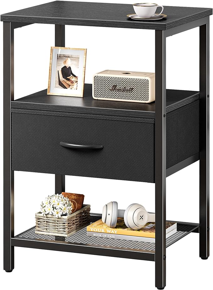 Night Stand with Fabric Drawer, Side Table with Mesh Shelf, Bedroom Nightstand, Fabric Drawer Dresser, Open Shelf, Metal Frame, Couch Side, Black - LeafyLoom