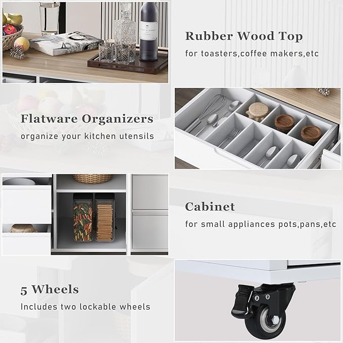 Kitchen Island with Storage, Rolling Table on Wheels w/Handle-Free Drawers Including a Flatware Organizer for Dinning Room, Rubber Wood Contertop - LeafyLoom