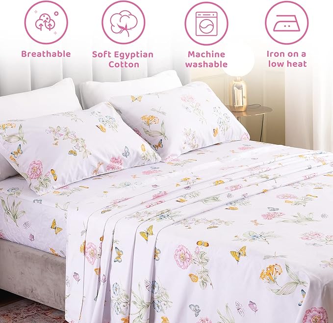 QSH 100% Egyptian Cotton Sheets Full Size Set, Flower Butterfly Plant Pattern Botanical Luxury Cotton Printed Bedding Floral Full Bed Sheets Extra Soft and Breathable 4pcs Deep Pockets Sheets - LeafyLoom