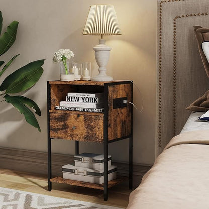 LDTTCUK Nightstand with Charging Station, Modern End Table with Drawer, Bedside Table with Open Storage for Bedroom,Rustic Brown - LeafyLoom