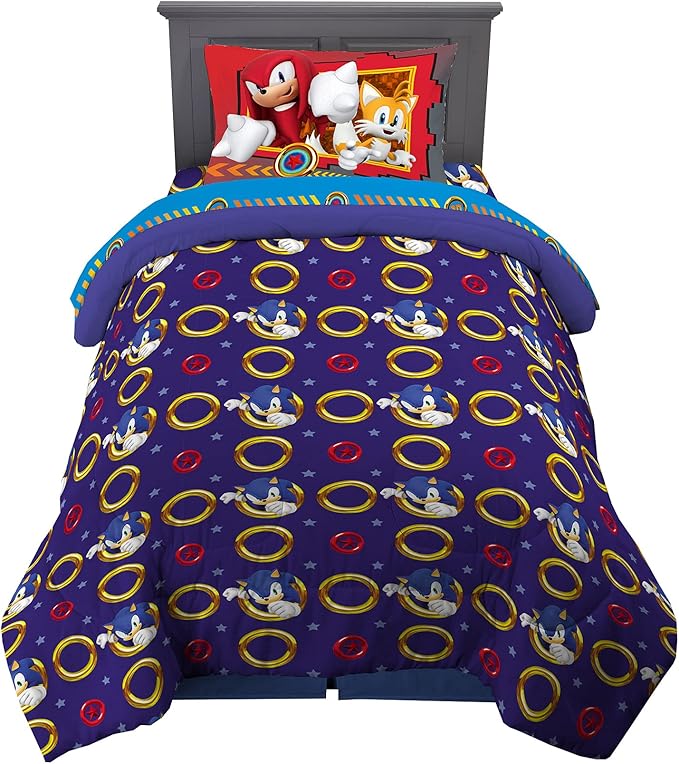 Franco Kids Bedding Super Soft Comforter and Sheet Set, 4 Piece Twin Size, Sonic The Hedgehog, Anime - LeafyLoom