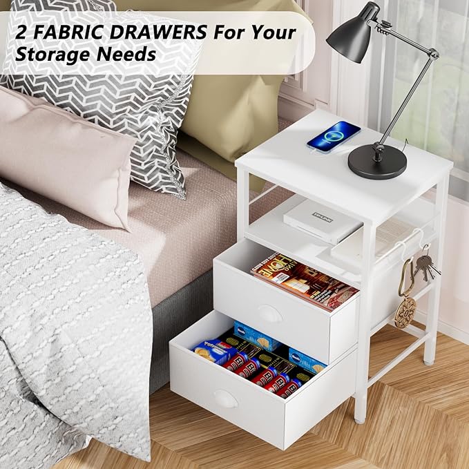 Furologee Nightstands Set of 2, End Tables with Charging Station and USB Ports, Side Tables with 2 Fabric Drawers, Night Stands with Storage Shelf & 2 Hooks, for Living Room/Bedroom, White - LeafyLoom