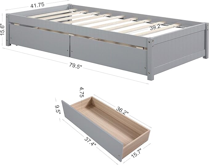 Twin Bed with 2 Storage Drawers, Solid Pinewood Twin Size Bed Frame,for Boys/Girls/Teens Bedroom, Easy to Assemble, No Box Spring Needed,Grey - LeafyLoom