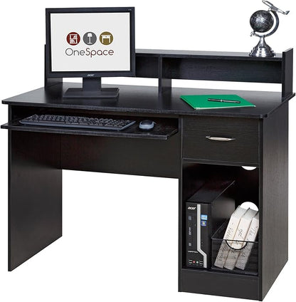 OneSpace Essential Computer Desk, Hutch with Pull-Out Keyboard, Black - LeafyLoom