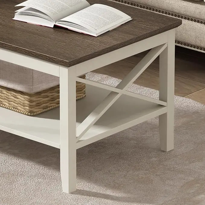 ChooChoo Oxford Coffee Table, Wooden Coffee Table with Thicker Legs, White Coffee Table with Storage for Living Room - LeafyLoom