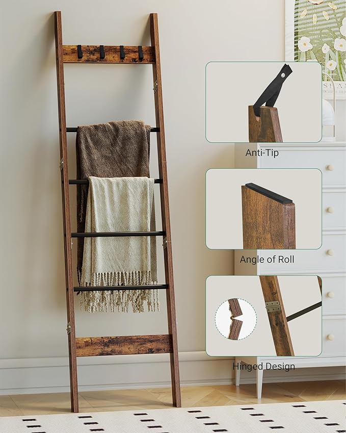 Blanket Ladder Shelf for Living Room, Decorative Wood Quilt Rack with 4 Removable Hooks, 6-Tier Farmhouse Ladder Holder Organizer for Bedroom, Rustic Brown and Black BR31501B - LeafyLoom