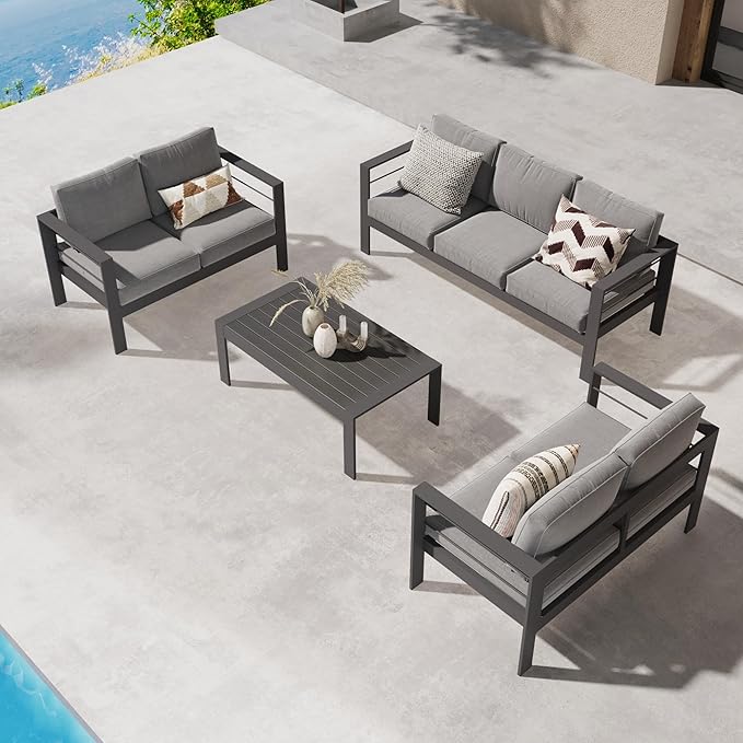 Wisteria Lane Aluminum Outdoor Patio Furniture Set, Modern Patio Conversation Sets, Outdoor Sectional Metal Sofa with 5 Inch Cushion and Coffee Table for Balcony, Garden, Dark Grey - LeafyLoom