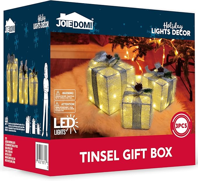 Joiedomi Christmas Lighted Gift Boxes, Christmas Decorations Set of 3, Light up Present Boxes, 60 LED Warm White Lights for Indoor Holiday Décor, Christmas Eve Night Décor Joiedomi