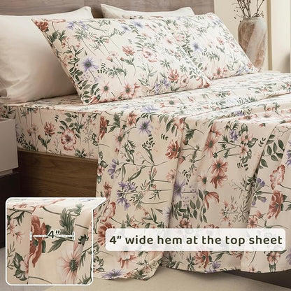 QSH Floral Egyptian Cotton Sheets King Size - Pink Flowers Green Leaves Pattern Printed Bedding King Size Bed Sheets 17.5" Extra Deep Pocket 4pcs - LeafyLoom