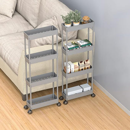 Sooyee 4 Tier Slim Storage Cart,Rolling Storage Cart,Narrow Shelf,Bathroom Rack,Mobile Shelving Unit Organizer for Kitchen, Bathroom, Laundry Room, Grey - LeafyLoom