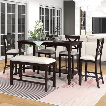 Merax 6-Piece Wooden Counter Height Rectangular Table Set with Bottom Shelf, 4 Chairs, and Padded Bench for Dining Room, Espresso(Update) - LeafyLoom