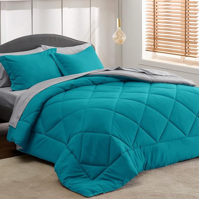 Bedsure Teal Twin Comforter Set - 5 Pieces Reversible Twin Bed in a Bag, Extra Long Twin Bed Set with Comforters, Sheets, Pillowcase & Sham, Twin Bedding Sets for College - LeafyLoom