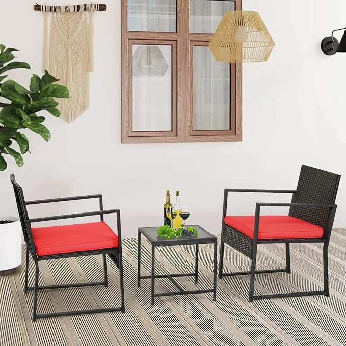 FDW Patio Furniture Sets 3 Piece Outdoor Bistro Set Wicker Patio Chairs Rattan Outdoor Furniture for Backyard Porch Poolside Lawn,Red Cushion - LeafyLoom