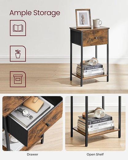 VASAGLE Nightstands, Set of 2 Side Tables with Fabric Drawer, 24-Inch Tall End Tables with Storage Shelf, Bedroom, Rustic Brown and Black ULGS221B01V1 - LeafyLoom