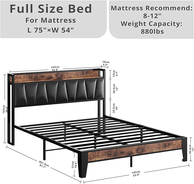 LIKIMIO Full Size Bed Frame, Storage Headboard with Charging Station, Solid and Stable, Noise Free, No Box Spring Needed, Easy Assembly (Vintage and Black) - LeafyLoom