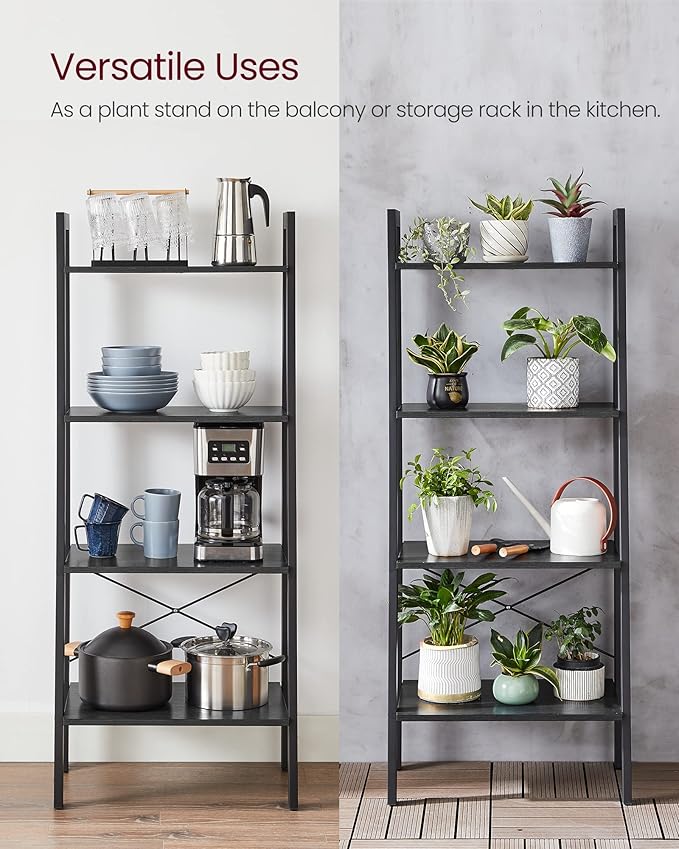 VASAGLE Ladder Shelf, 4-Tier Bookshelf, Storage Rack, Bookcase with Steel Frame, for Living Room, Home Office, Kitchen, Bedroom, Industrial Style, Charcoal Gray and Black ULLS044B04 - LeafyLoom