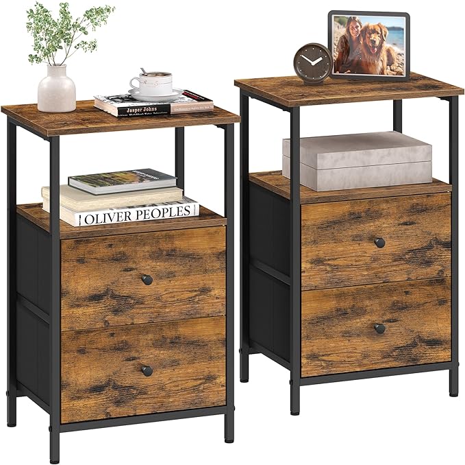 VASAGLE Nightstand Set of 2, Side Tables with 2 Fabric Drawers, 24-Inch Tall End Tables with Storage Shelf, Bedroom, Rustic Brown and Black ULGS225K01 - LeafyLoom