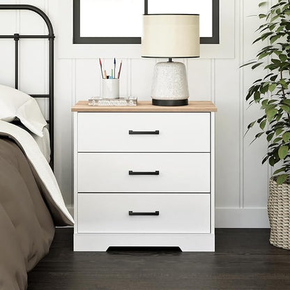 Prepac Three Drawer Nightstand, 16.25" D x 27.5" W x 26.75" H, White & Oak - LeafyLoom