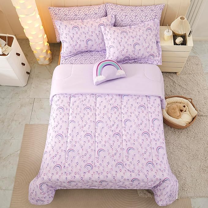 Mooreeke Full Size Comforter Sets for Girls Kids, 8 Pieces Bed in a Bag Purple Love Rainbow Bedding Comforter Sheet Set with Shams and Decorative Toy Pillow, Ultral Soft Microfiber Kids Bed Set - LeafyLoom