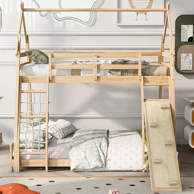 Twin Over Queen House Shape Bunk Bed, Wooden Bunk Beds House Bed with Climb Nets and Climbing Ramp for Kids Boys Girls Bedroom, No Box Spring Needed, Natural - LeafyLoom