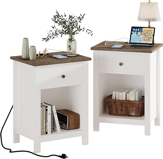 ChooChoo Farmhouse Nightstand Set of 2,Night Stand with Charging Station, Wooden Top Bedside End Table with Drawer and Storage Space for Bedroom, White - LeafyLoom