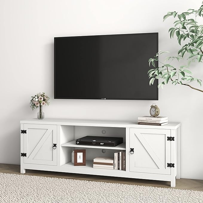 Panana Modern Farmhouse TV Stand, Entertainment Center for 70 inch TV with 2 Doors and Open Shelves for Living Room, Bedroom (White, 65 inch) - LeafyLoom