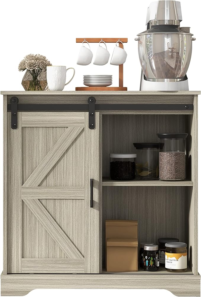 Panana Sliding Barn Door Buffet Sideboard Storage Cabinet Coffee Bar Kitchen Farmhouse Style (Oak) - LeafyLoom