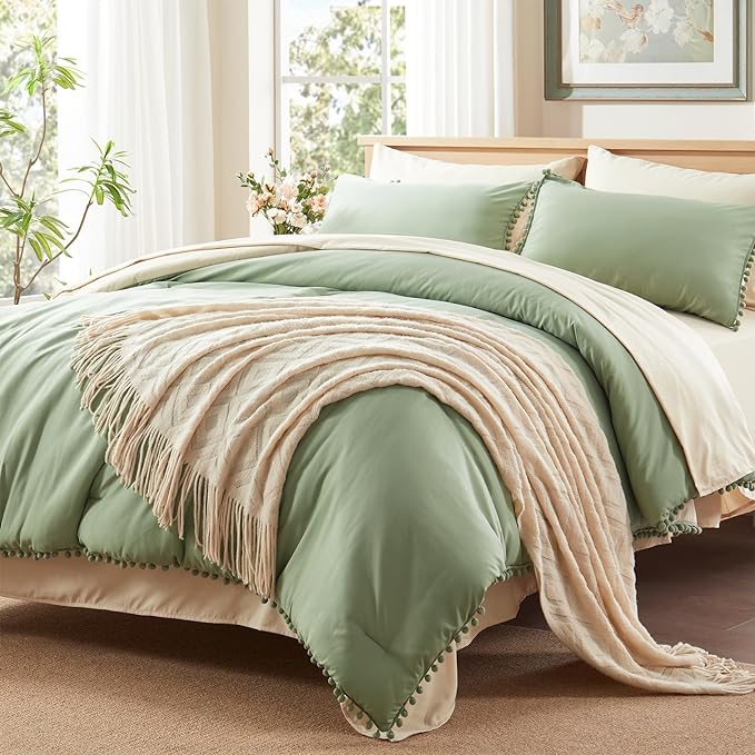 Anluoer Queen Comforter Set 7 Piece, Sage Green Bed in a Bag with Sheets, Pom Pom Boho Bedding Comforter Sets with 1 Comforter, 2 Pillow Shams, 2 Pillowcases, 1 Flat Sheet, 1 Fitted Sheet - LeafyLoom