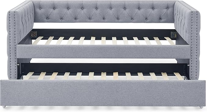 Linen Upholstered Twin Size Daybed with Twin Trundle, Wooden Sofa Bed Frame w/Button Tufted and Copper Nail on Square Arms, for Bedroom, Guest Room, No Spring Box Need, Grey - LeafyLoom