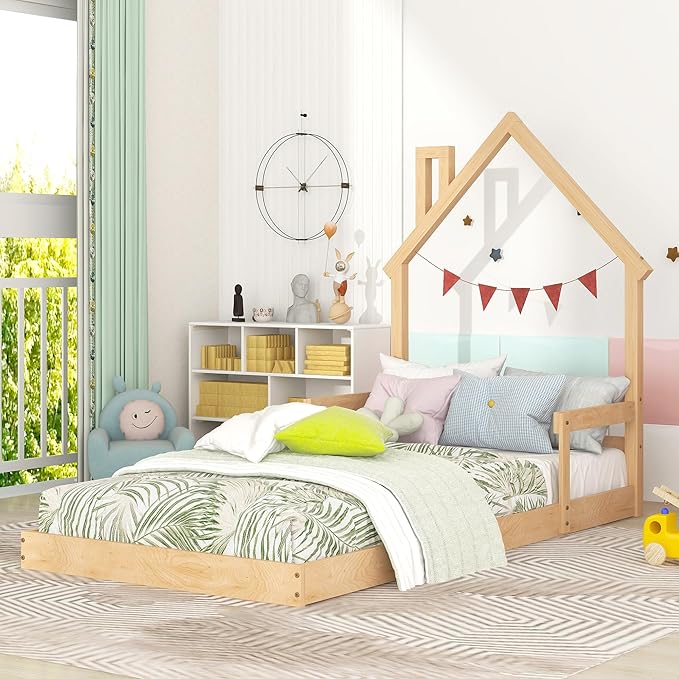 Bellemave Twin Size House-Shaped Headboard Floor Bed for Kids,Montessori Floor Bed with Handrails and Slats,Wood House Bed Twin for Girls,Boys(Twin,Natural) - LeafyLoom