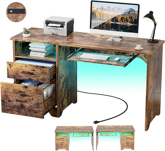 Office Desk with File Cabinet, 55 Inch Reversible Computer Desk with Smart LED Light and Power Outlet, Sturdy Gaming Desk with Keyboard Tray & Storage Drawers, Easy to Assemble, Rustic Brown - LeafyLoom