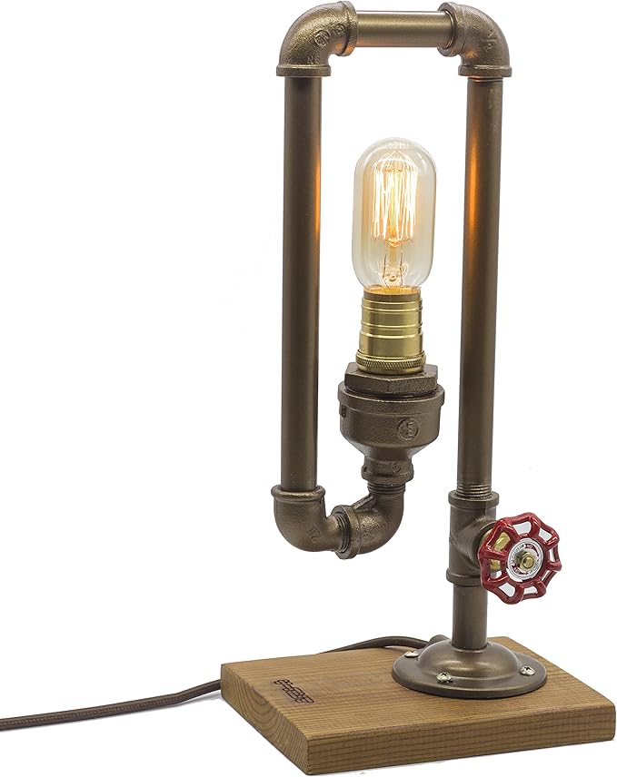 Loft Style Lamp, Different Thinker, Steampunk Industrial Vintage Style, Wood Base Metal Body, Table Desk Light with Dimmer, LL-017 - LeafyLoom