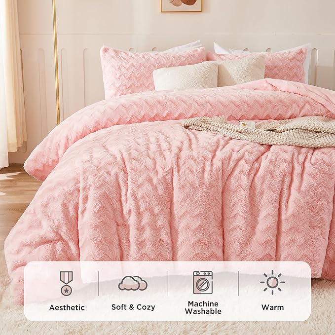 Andency Pink Fleece Comforter Set Queen Size, 3 Pieces Plush Shaggy Faux Fur Bed Comforter Set for Queen Bed, Fuzzy Fluffy Warm Bedding Set for Women Girls - LeafyLoom