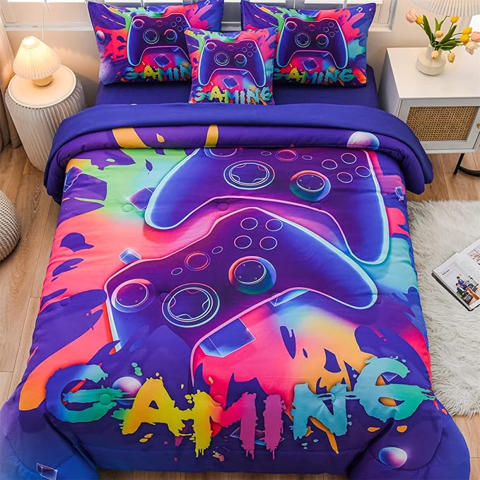 Aimuan Gaming Comforter Sets for Boys Kids Bedding Sets Video Games Console Action Buttons Novelty Colorful Game Gamepad Controller Modern Gamer Room Decor Home Quilt Set (Twin 6 Pcs,Purple) - LeafyLoom