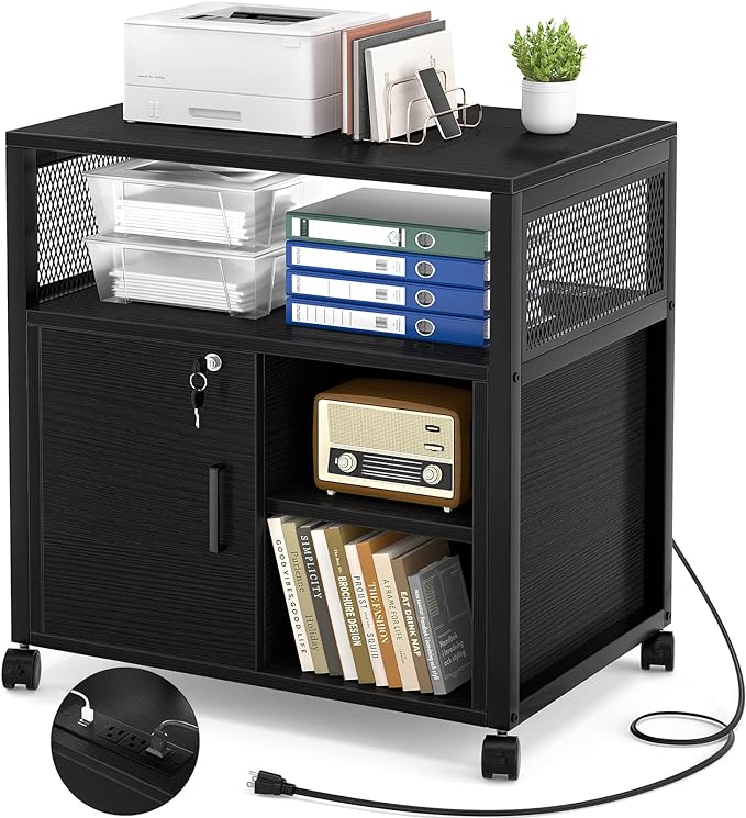 Unikito Lateral File Cabinet, Locking Office Filing Cabinets with Socket and USB Charging Port, Modern Rolling Printer Stand with Storage for A4, Letter Size and File Folders, Black - LeafyLoom