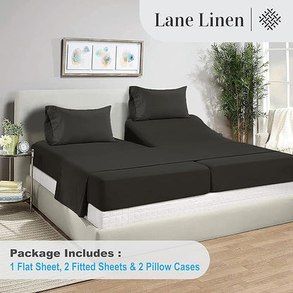 LANE LINEN Split King Sheets for Adjustable Beds, 1000 Thread Count Striped Sheets, 100% Egyptian Cotton, Sateen Weave, Cool Breathable & Soft, 5 Piece Set, 2 Fitted Fits Upto 16' Deep Pockets - Black - LeafyLoom