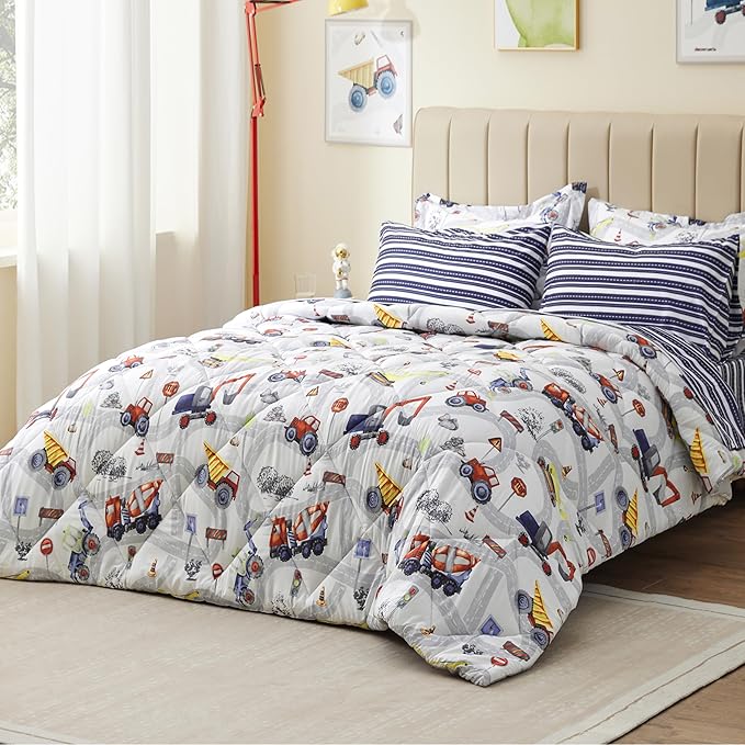 Truck Twin Comforter Set for Boys,5 Pieces Kids Bedroom Bedding Set with Sheets and Pillowcase,Super Soft Lightweight for All Seasons,Car,Machine Washable - LeafyLoom