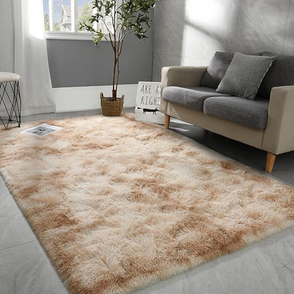 5x8 Large Area Rugs for Living Room, Super Soft Fluffy Modern Bedroom Rug, Tie-Dyed Beige Indoor Shag Fuzzy Carpets for Girls Kids Nursery Room Home Decor - LeafyLoom