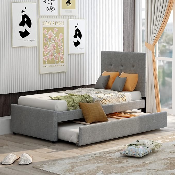 Twin Size Platform Bed, Linen Upholstered Bed Frame with Headboard and Trundle, Wood Slat Support, Gray - LeafyLoom