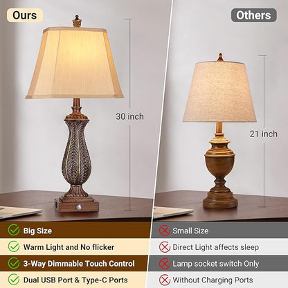 WIHTU 3-Way Dimmable Table Lamps for Bedrooms Set of 2, 30" H Touch Lamps for Living Room with USB & Type-C Ports, Brown Mermaid Bedside Lamp for Nightstand, Resin Farmhouse Rustic Lamp with 2 Bulb - LeafyLoom