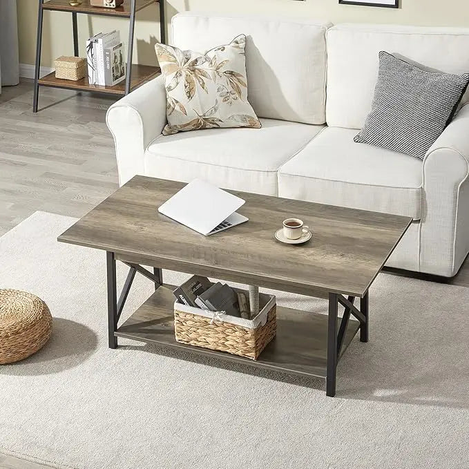 GreenForest Coffee Table Large 43.3 x 23.6 inch Rustic Farmhouse with Storage Shelf for Living Room, Easy Assembly, Grey WASH - LeafyLoom