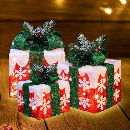 [Large 10"x8.5"x6.5" Christmas Set of 3 Lighted Gift Boxes Decorations Pre-lit 70 Super-Bright LED with Flashers,for Indoor Outdoor Christmas Tree Skirt Ornament Pathway Holiday Party Home GLOWNOVA